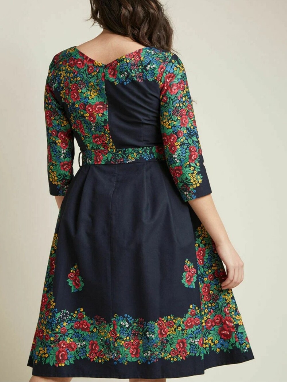 NWT PALAVA UK Beatrice Black Hungarian Flower Retro Belted Midi Dress US 10 - Picture 2 of 15